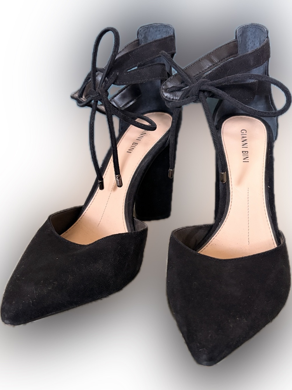 Gianni Bini Black Suede Lace-Up Block Heels